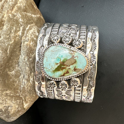 Navajo Women Green Royston Turquoise Stamped Sterling Silver Cuff Bracelet 17947
