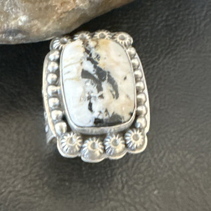 White Buffalo Turquoise Navajo Sterling Silver Ring Size 8 18777