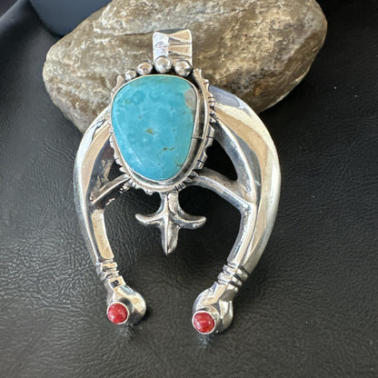 Tufa Cast Navajo Sterling Silver Blue Kingman Turquoise Coral Naja Pendant 19355