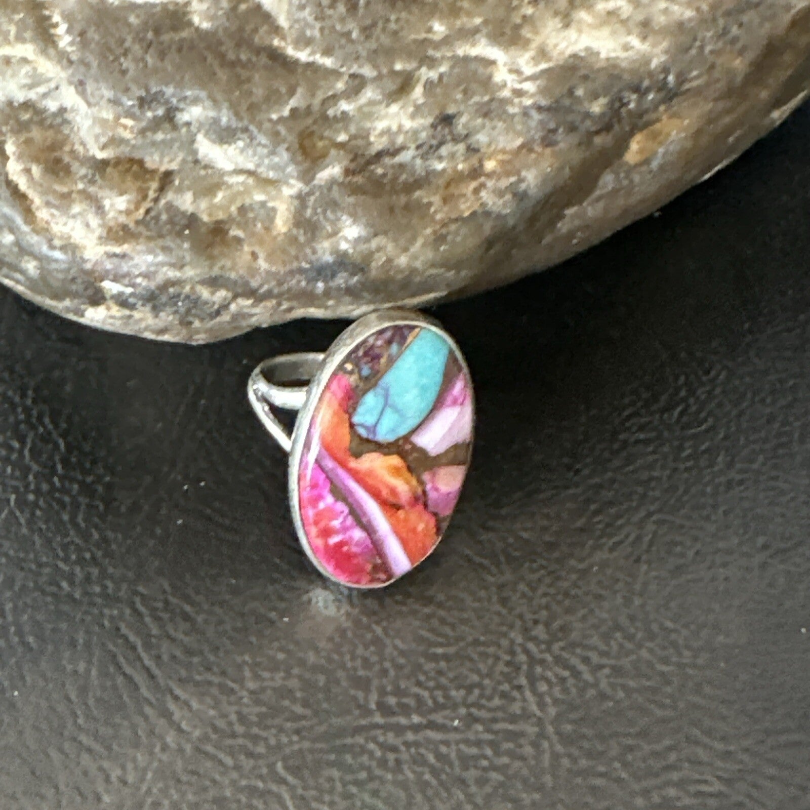Blue Turquoise Spiny Oyster Southwestern Sterling Silver Ring Size 7 18497