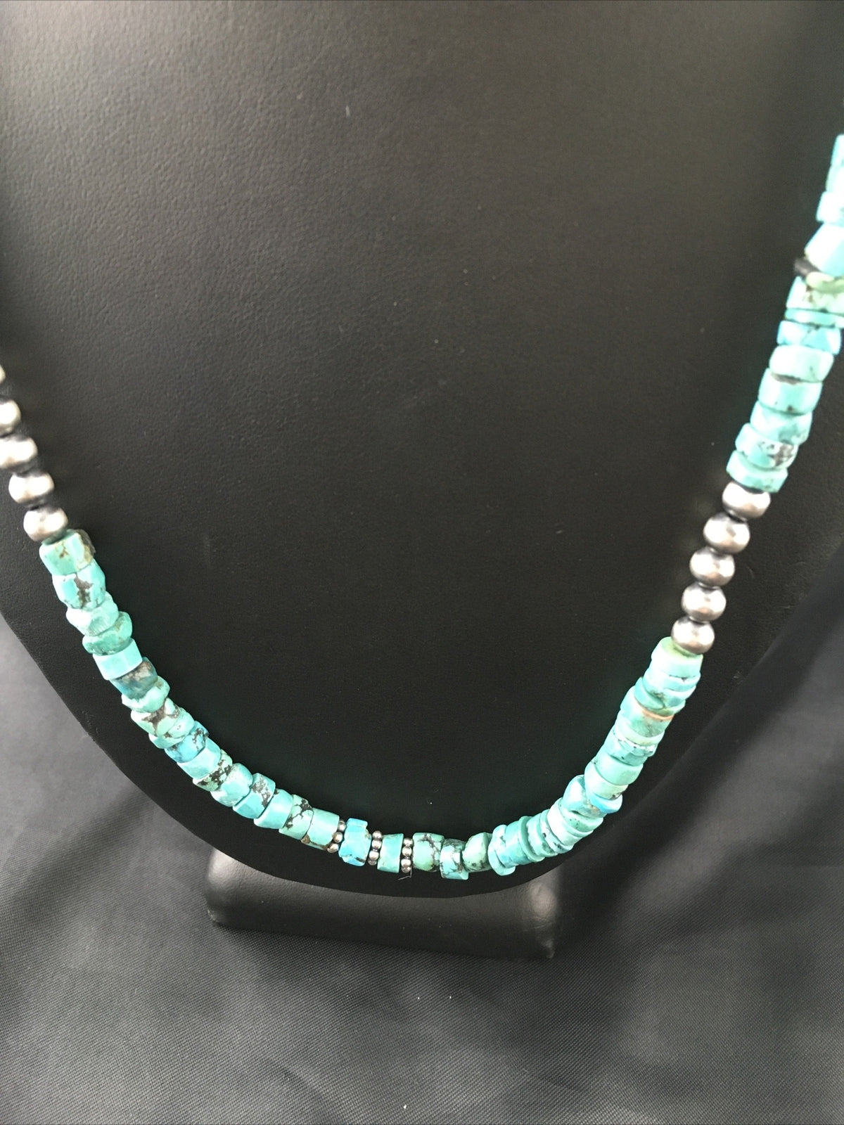 Blue Turquoise 7mm Heishi Bead Navajo Sterling Silver Necklace 1498