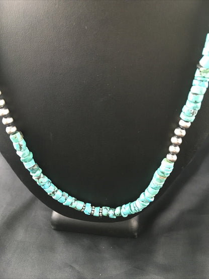 Blue Turquoise 7mm Heishi Bead Navajo Sterling Silver Necklace 1498