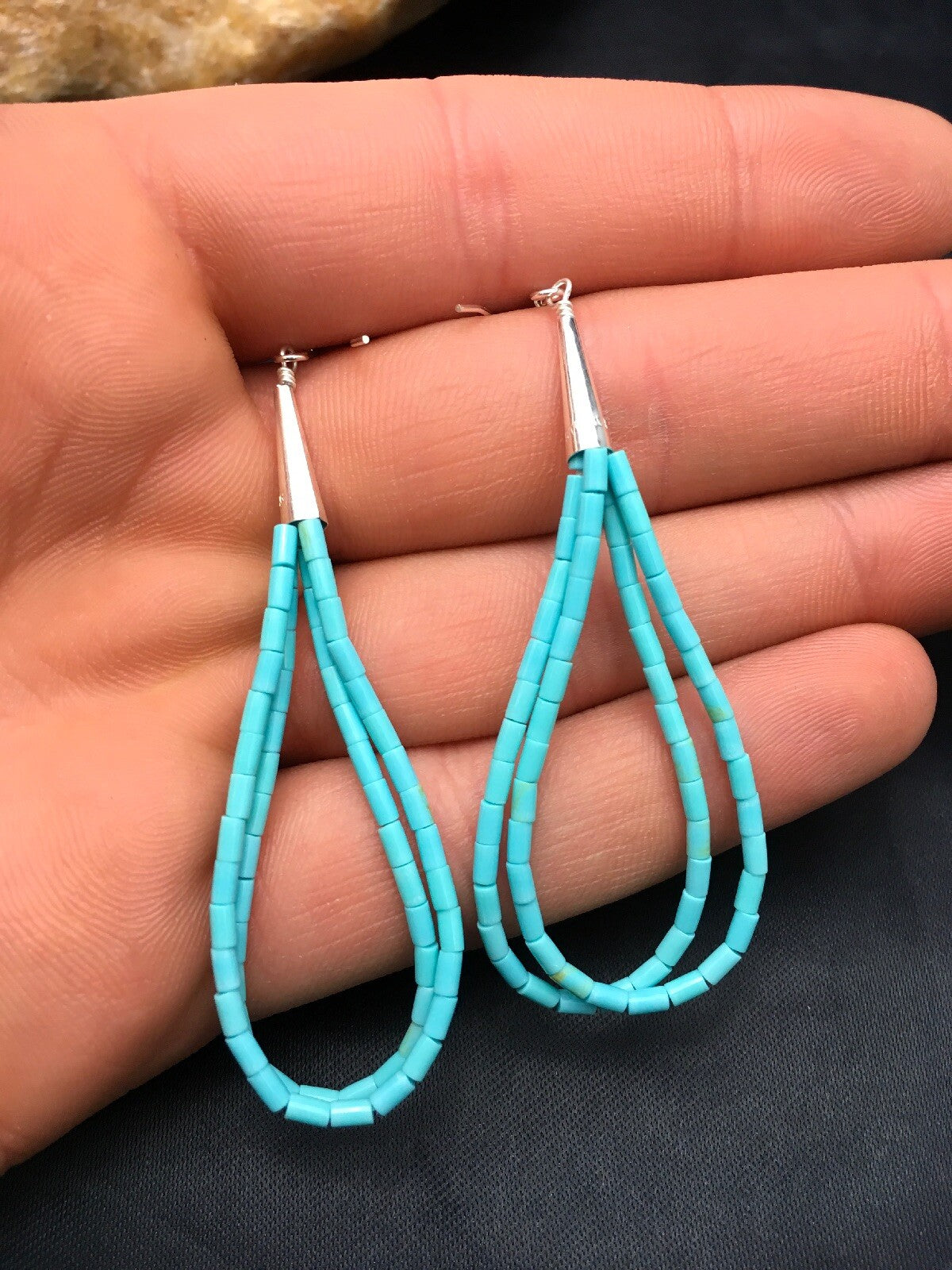 Native Blue Turquoise Liquid Sterling Silver Heishi Dangle 2.5" Earrings 04372