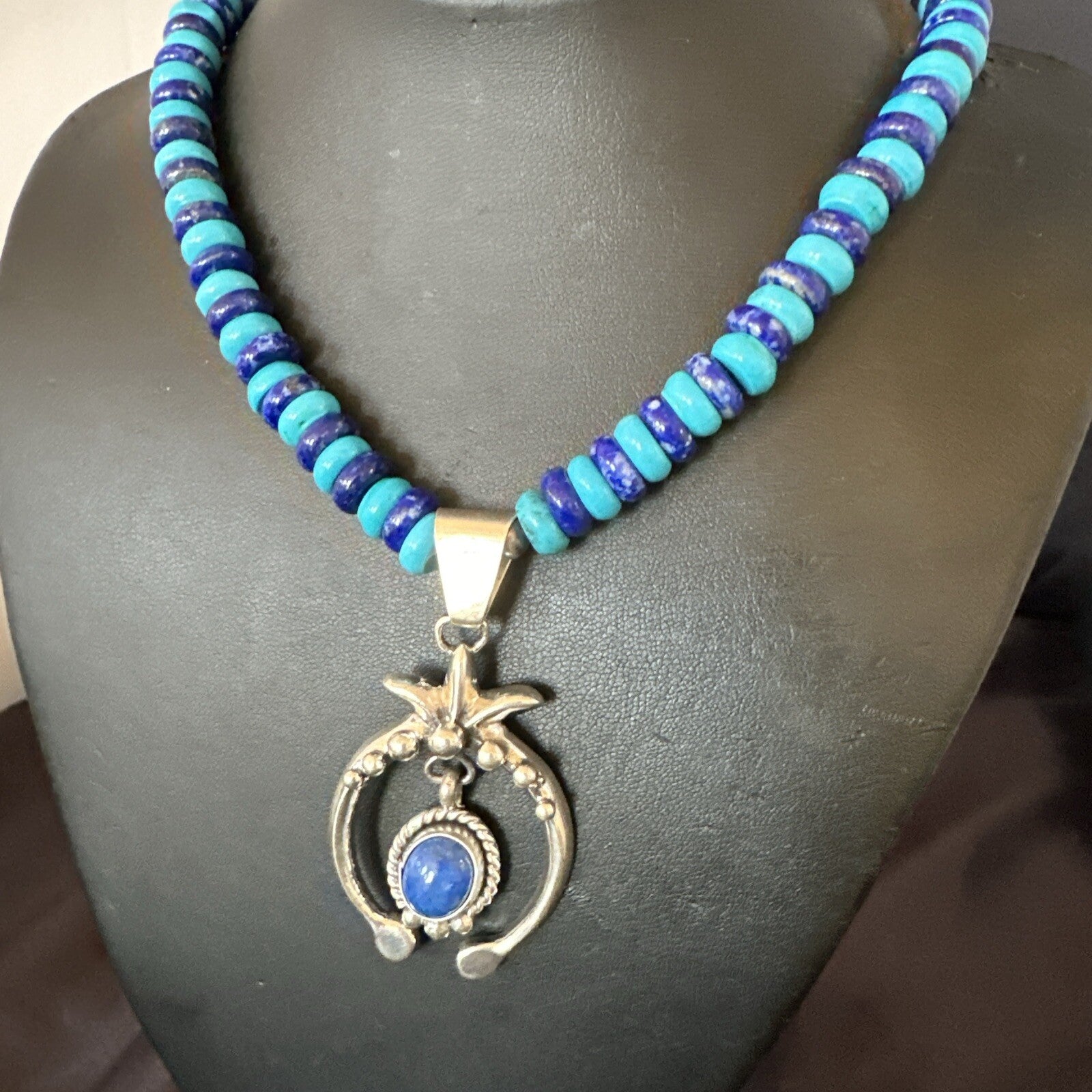Blue Denim Lapis Turquoise Naja Pendant Navajo Sterling Silver Necklace 21"17688