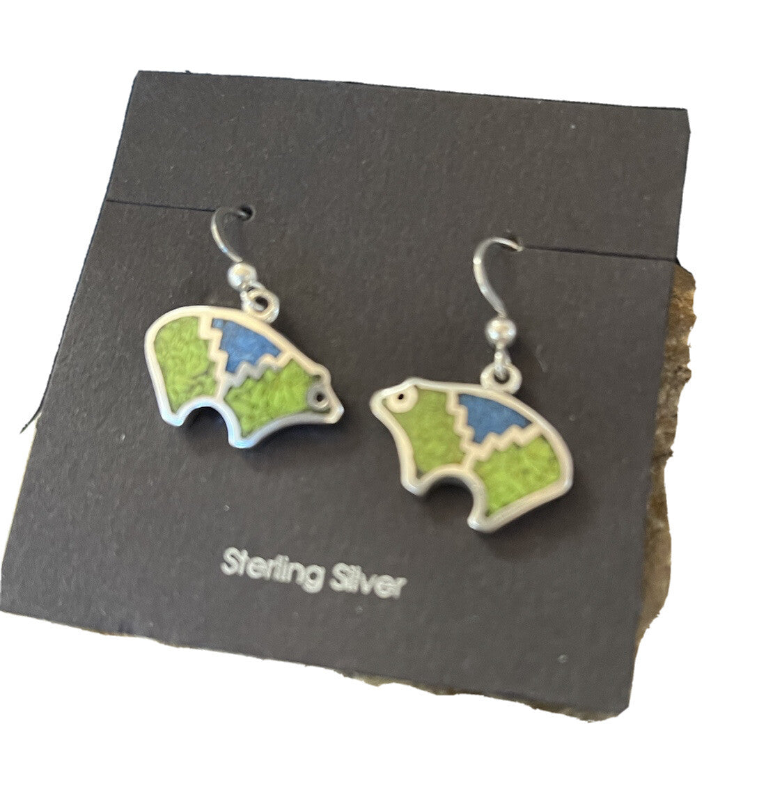 Blue Lapis & Green Turquoise Sterling Silver Bear Inlay Earrings 0.25" 01509