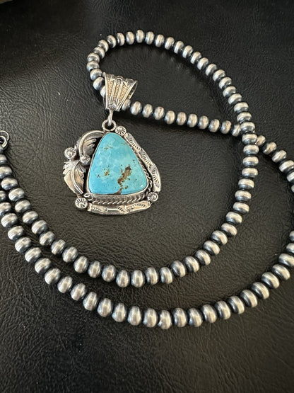 Blue Kingman Turquoise Pendant Navajo Pearls Sterling Silver Necklace 19389
