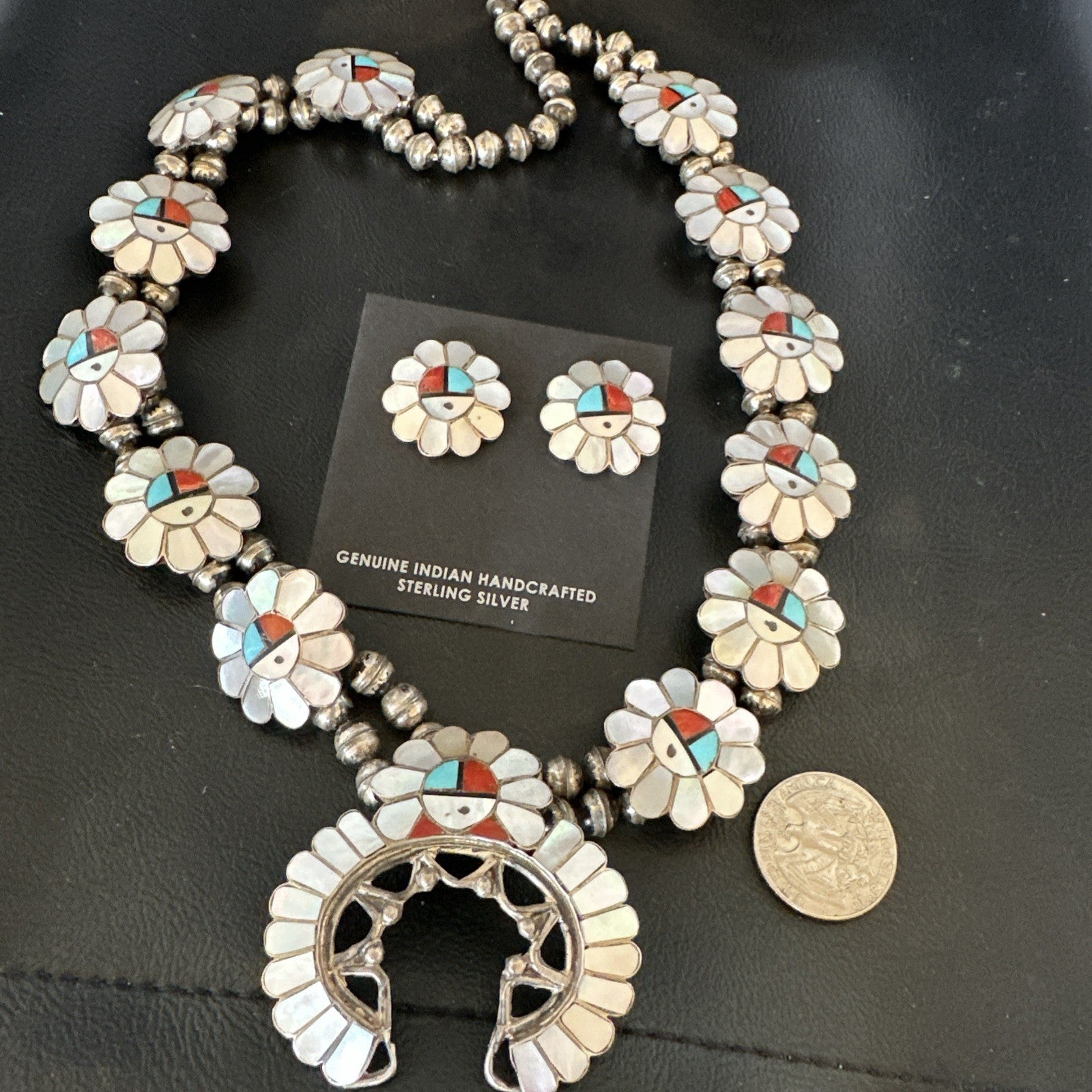 Old Pawn Sunface Turquoise Zuni Sterling Silver Squash Necklace Earrings 19085