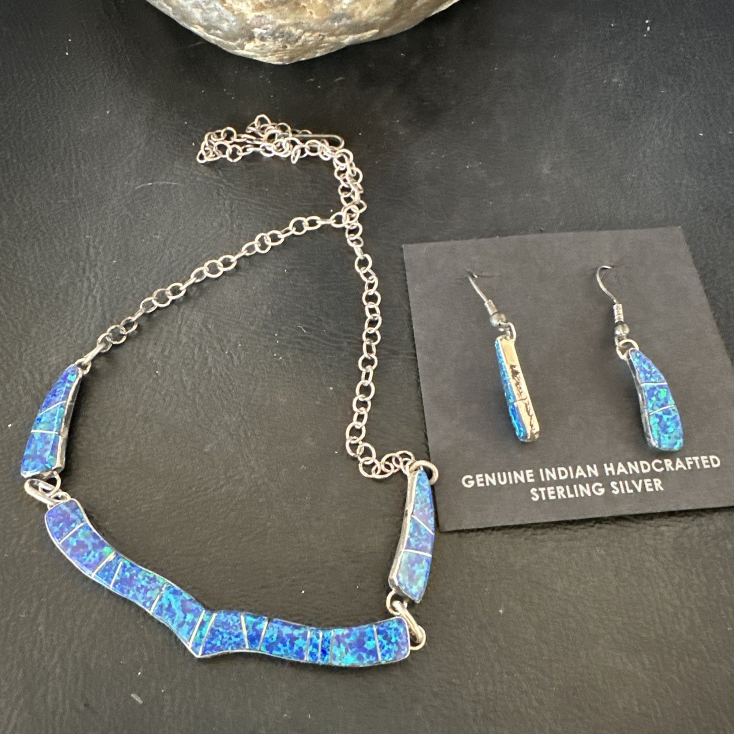 Old Pawn Blue Opal Necklace Inlay Navajo Sterling Silver 16" Earrings 19125