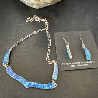 Old Pawn Blue Opal Necklace Inlay Navajo Sterling Silver 16" Earrings 19125