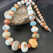 Blue Amazonite Orange Spiny Navajo Bead Necklace 23" | Sterling Silver | Authentic Native American Handmade | 17831