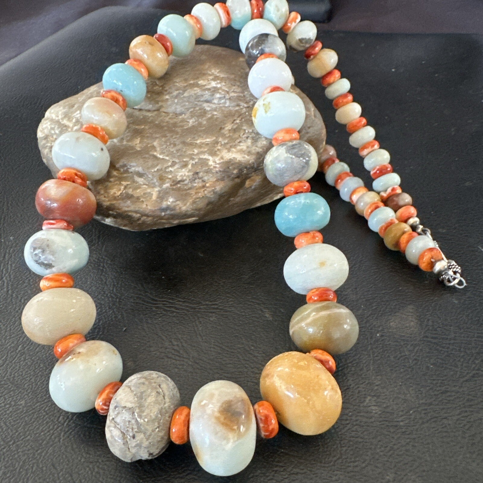 Blue Amazonite Orange Spiny Navajo Sterling Silver Bead Necklace 23” 17831