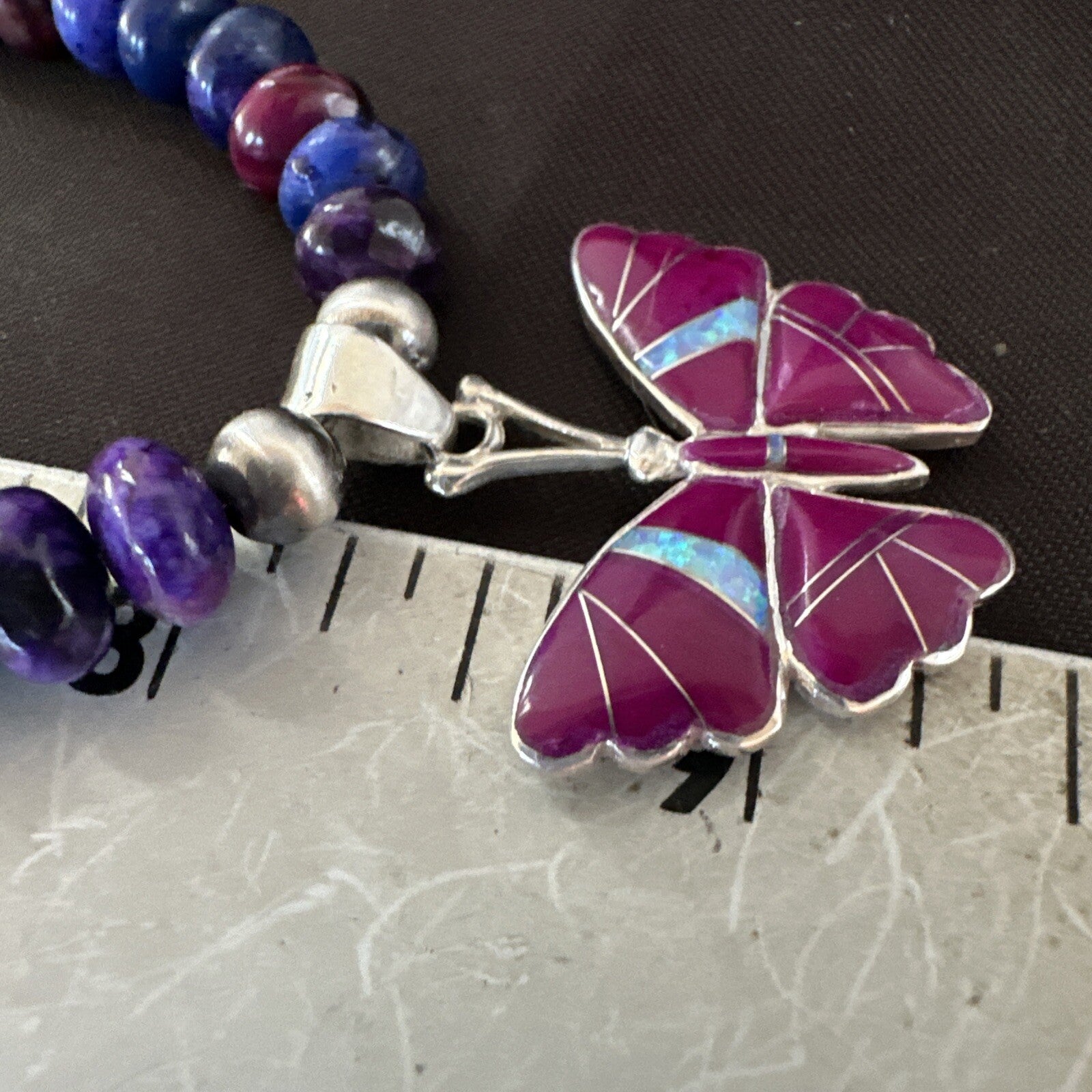 Butterfly Purple Stone Opal Pendant Navajo Sterling Silver Necklace 18732