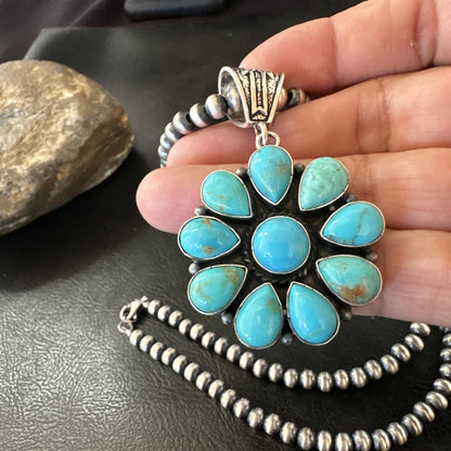 Blue Turquoise Navajo Sterling Silver Cluster Round Pendant Necklace 2”19316