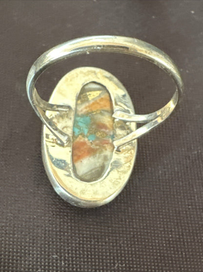 Blue Turquoise Orange Spiny Oyster Navajo Sterling Silver Ring Size 10 18208