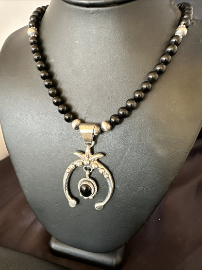 Mens Black Onyx Naja Pendant Navajo Pearls Sterling Silver Necklace 23” 17686