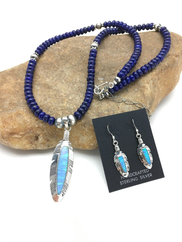 Opal Pendant Lapis Navajo Beads Necklace Earring 21" | Sterling Silver | Authentic Native American Handmade | 02798