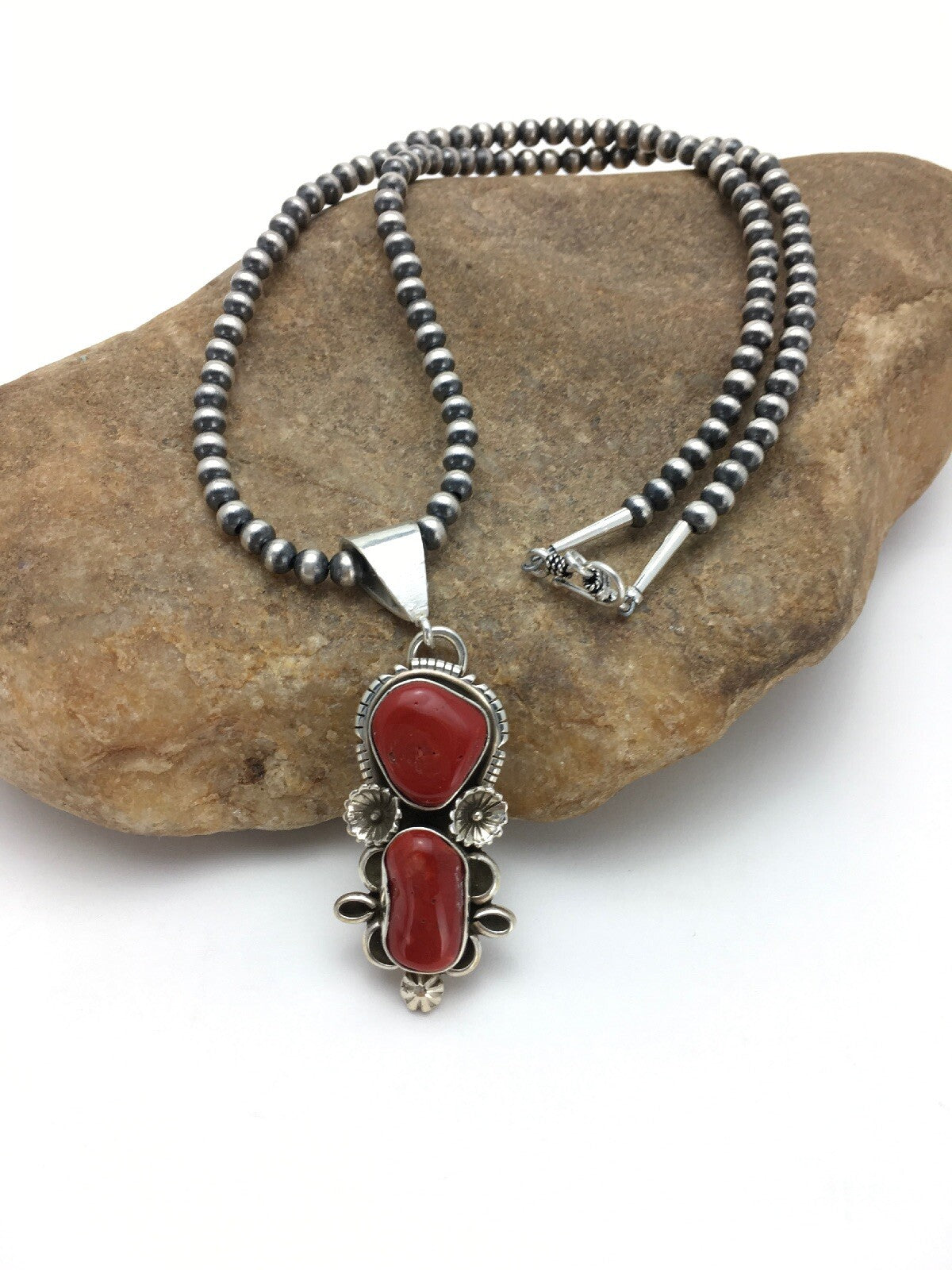Red Coral Cluster Pendant Navajo Sterling Silver Necklace Native American 18930