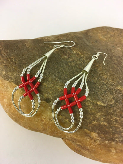Native Red Coral Heishi Tube Liquid Sterling Silver Dangle Earrings 2" 08877
