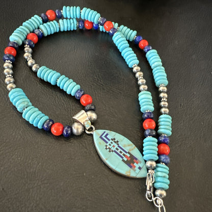 Multicolor Turquoise Coral Navajo Sterling Silver Inlay Pendant Necklace 19645