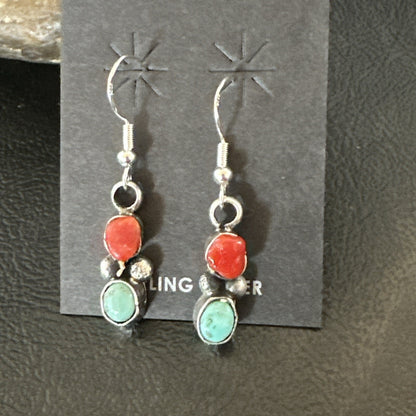 Handmade Blue Turquoise Red Coral Sterling Silver Navajo Dangle Earrings 18841