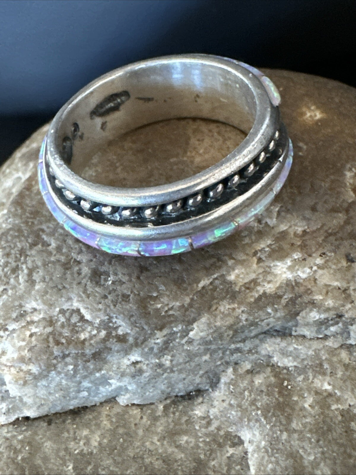 Pink Opal Navajo Sterling Silver Band Inlay Ring Size 9 18784