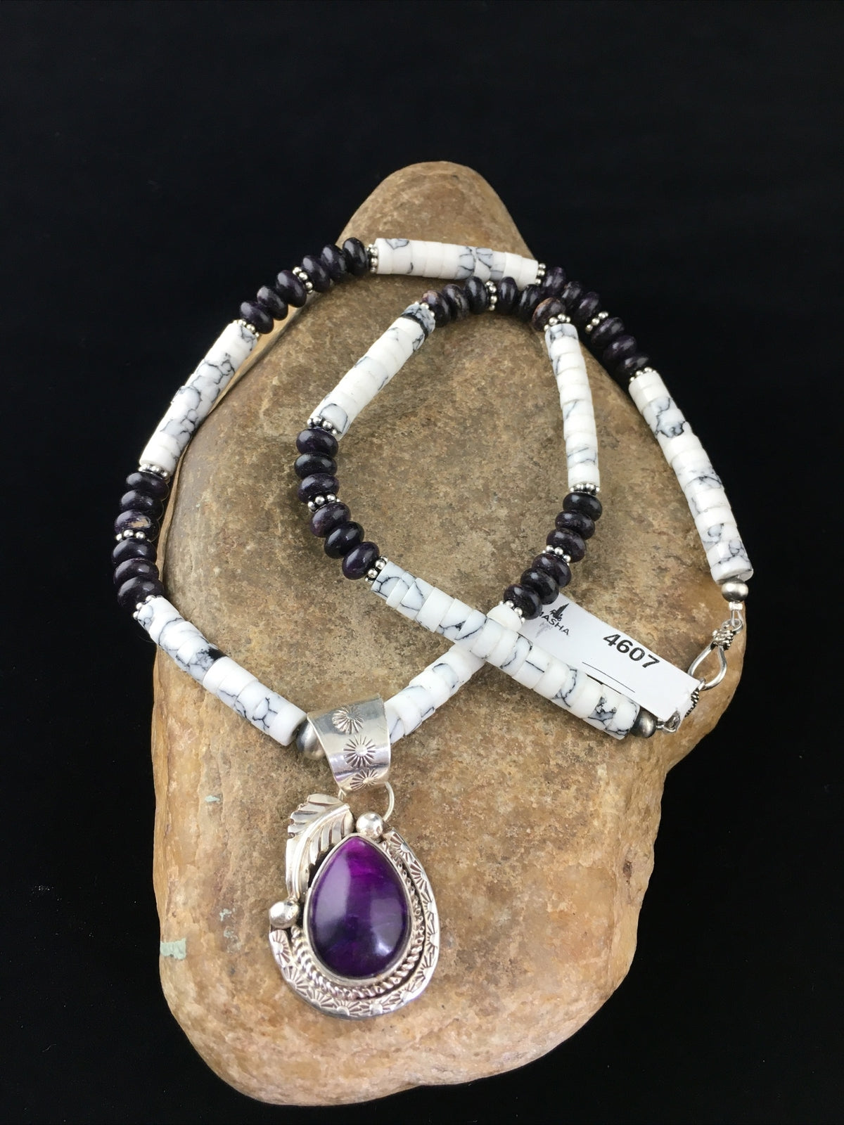 Native  Purple Stone & Howlite Bead Navajo Sterling Silver Necklace 04607