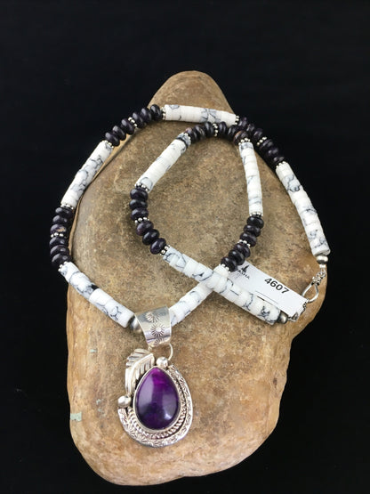 Native  Purple Stone & Howlite Bead Navajo Sterling Silver Necklace 04607
