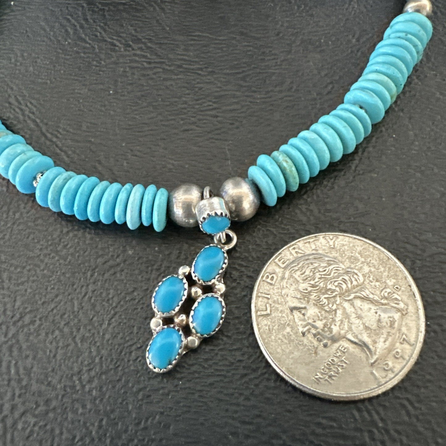 Blue Turquoise Cluster Pendant Navajo Sterling Silver Necklace 20" 19713