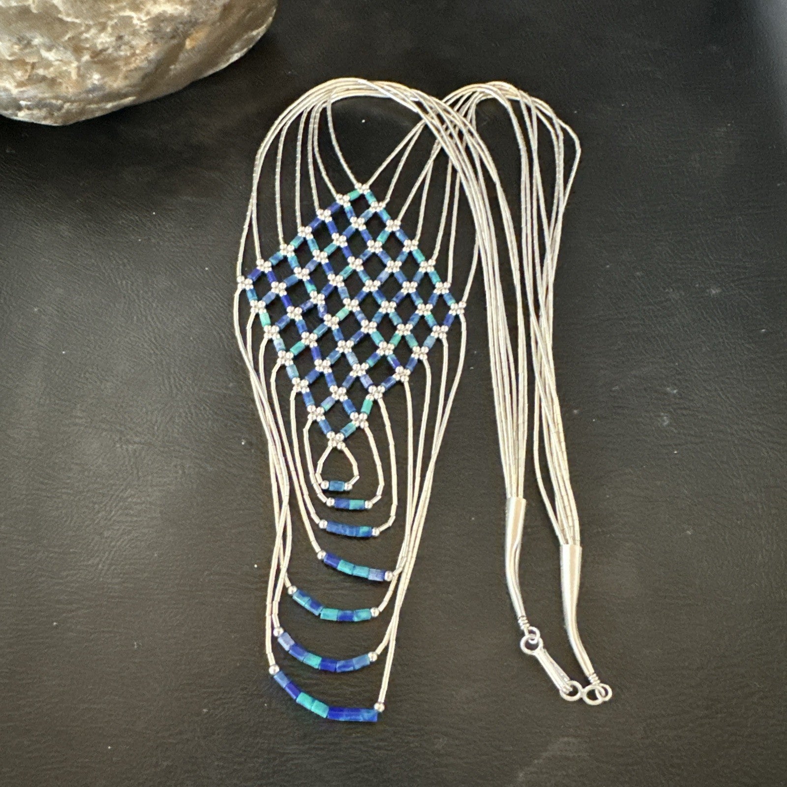 Azurite Heishi Tubes Pendant 7 Strand Liquid Sterling Silver Necklace 19751