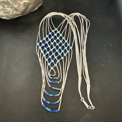 Azurite Heishi Tubes Pendant 7 Strand Liquid Sterling Silver Necklace 19751