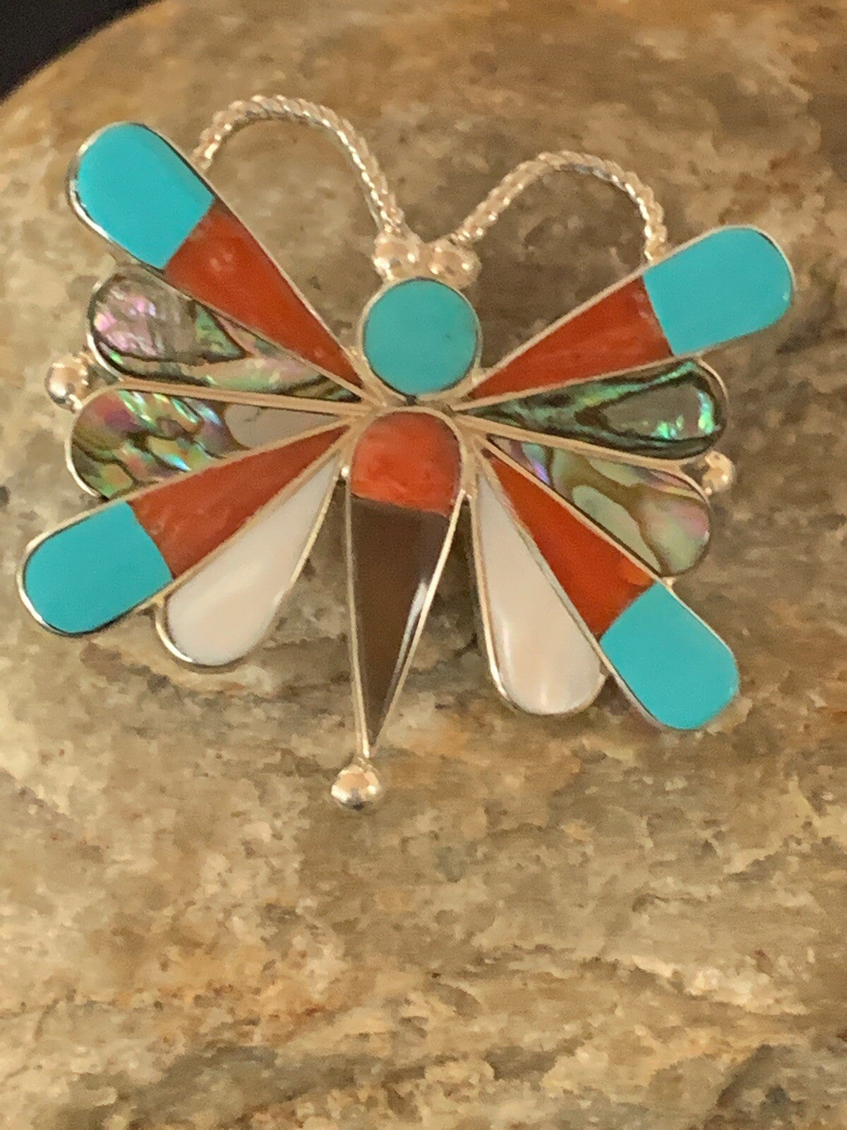 Turquoise & Mother Of Pearls Butterfly Zuni Sterling Silver Pin Pendant 04695