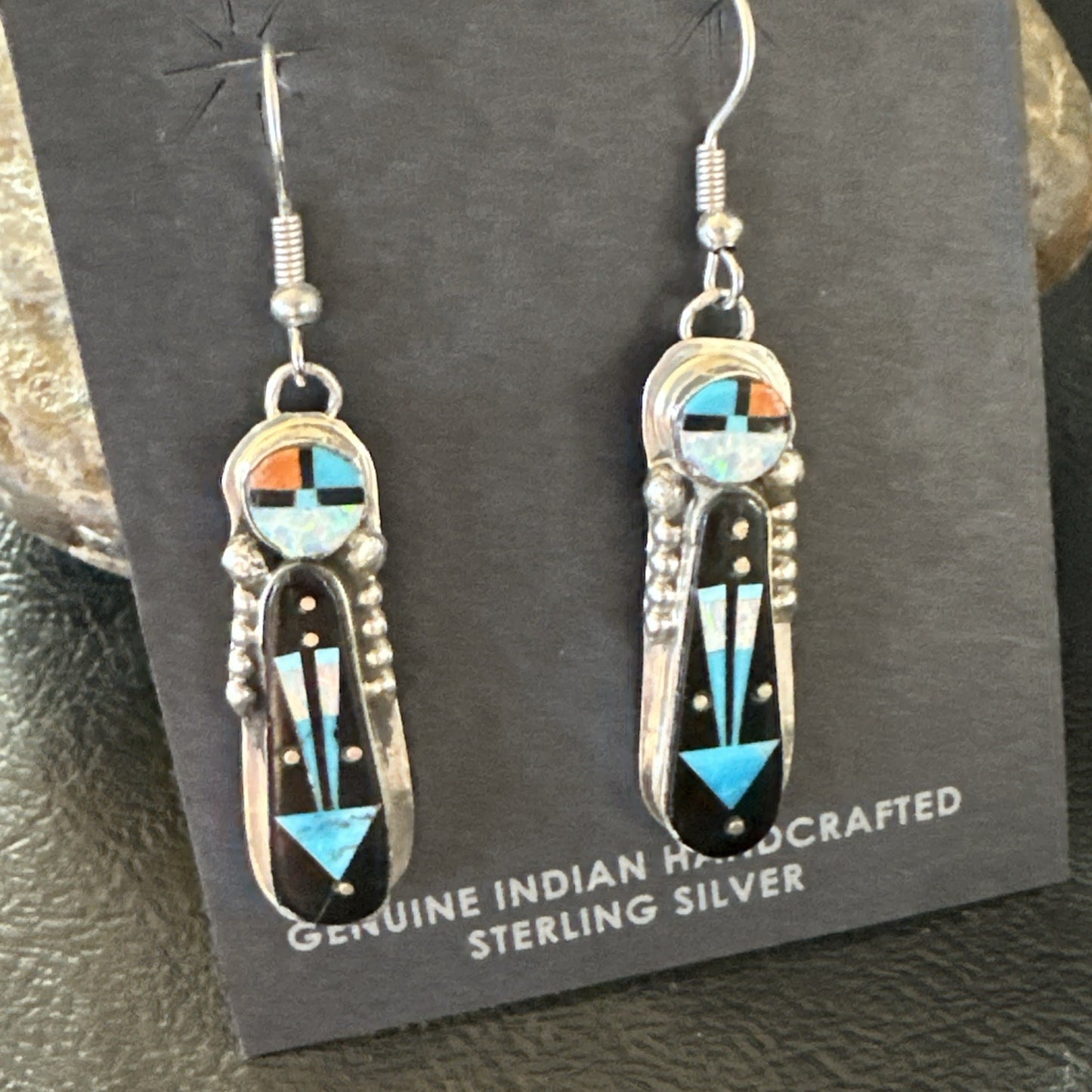 Navajo Onyx Opal Turquoise Inlay Earrings Sterling Silver Handmade 19773