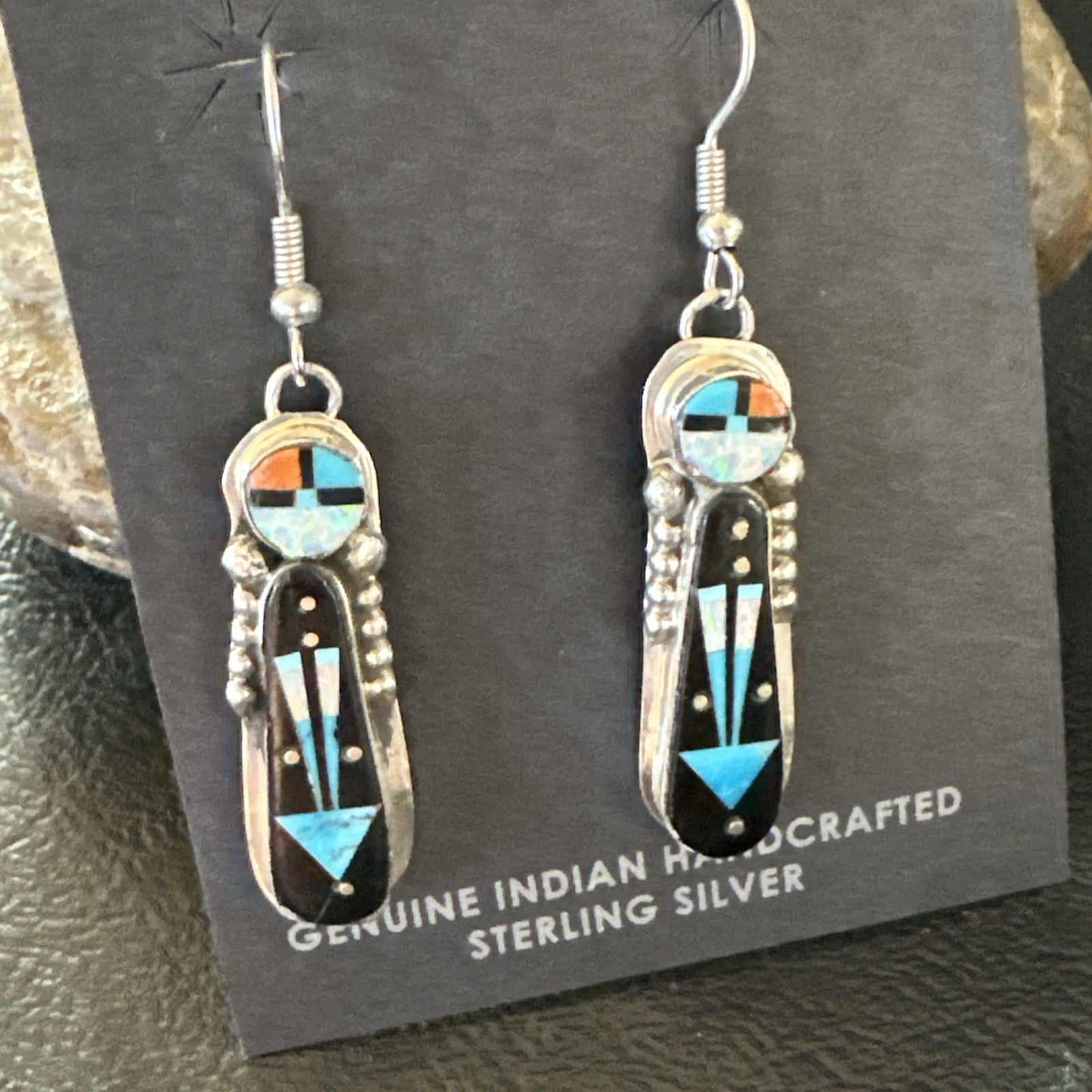 Navajo Onyx Opal Turquoise Inlay Earrings Sterling Silver Handmade 19773