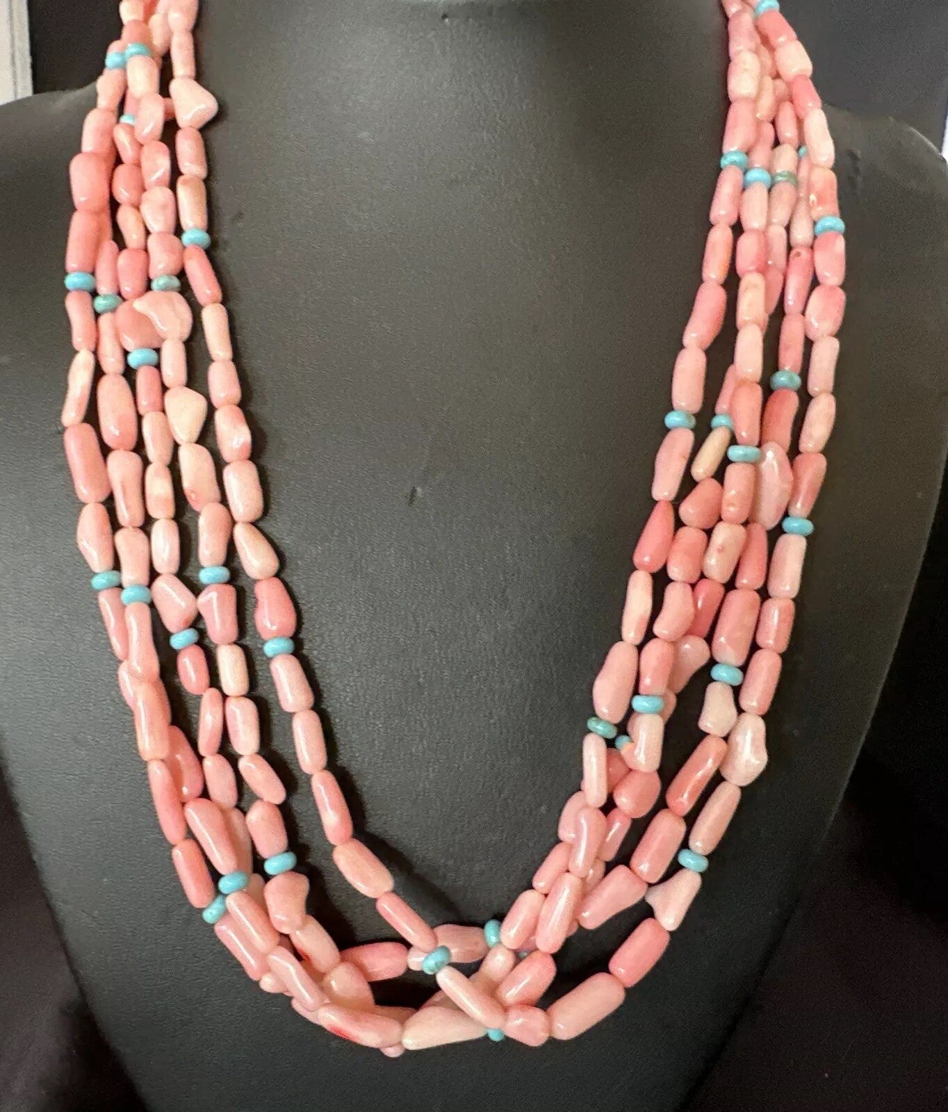 Navajo Blue Turquoise Pink Coral Sterling Silver 5 Strand Necklace 20” 17840
