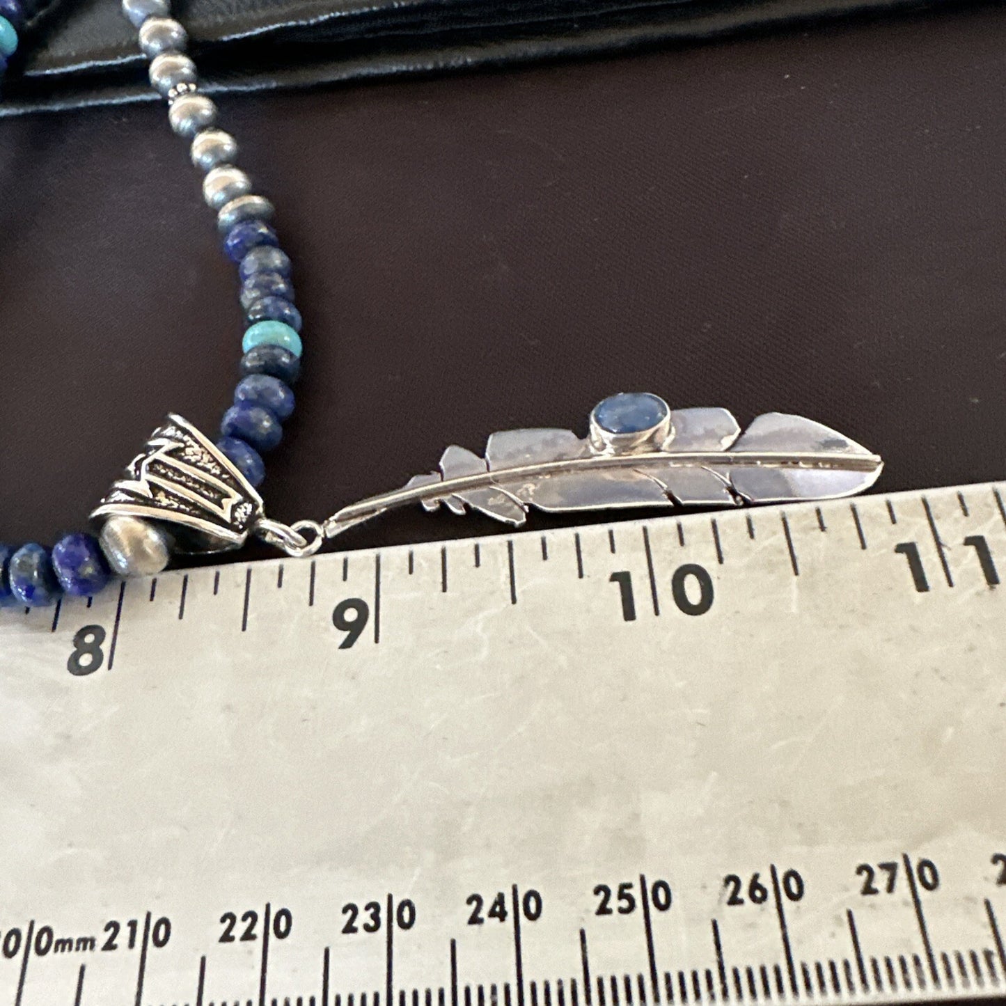 Blue Turquoise Lapis Feather Pendant Navajo Sterling Silver Necklace 21” 17790
