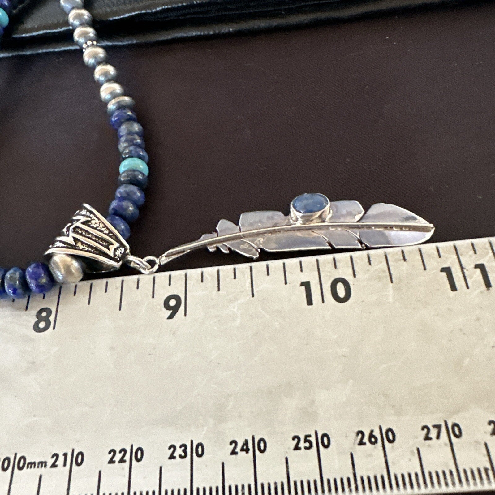 Blue Turquoise Lapis Feather Pendant Navajo Sterling Silver Necklace 21” 17790