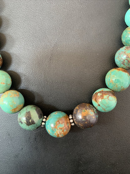 Green Turquoise Apple Coral Navajo Graduated Sterling SIlver Necklace 18" 13207N