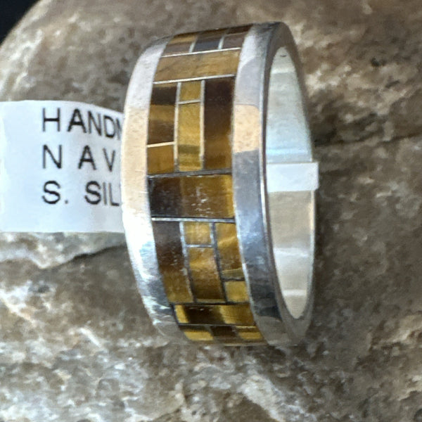 Brown Men's Infinity Band Tigers Eye Navajo Ring Size 11 | Sterling Silver | Authentic Native American Handmade | 19051