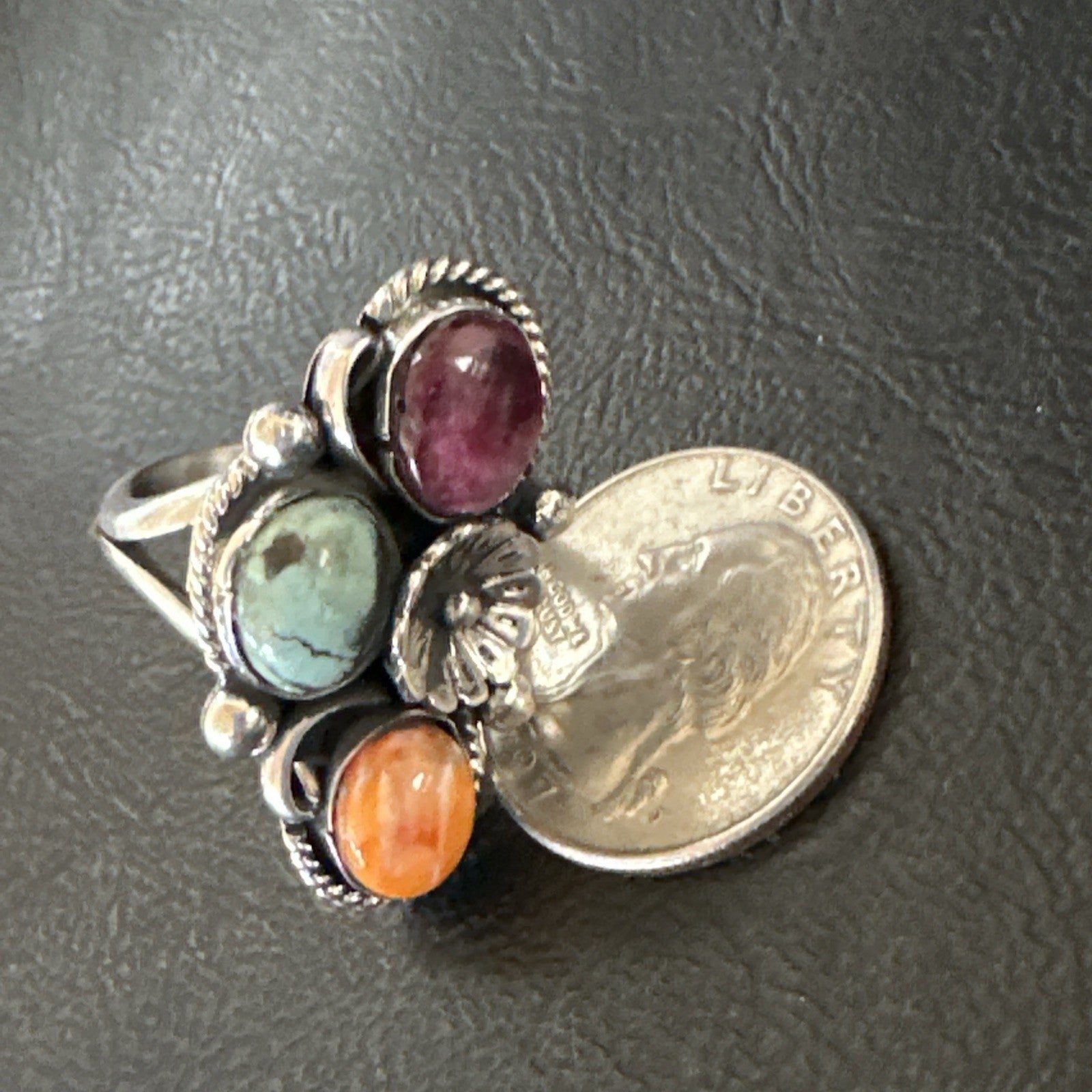 Multicolor Ring Turquoise Spiny Navajo Sterling Silver Cluster Size 8 19171