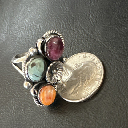 Multicolor Ring Turquoise Spiny Navajo Sterling Silver Cluster Size 8 19171