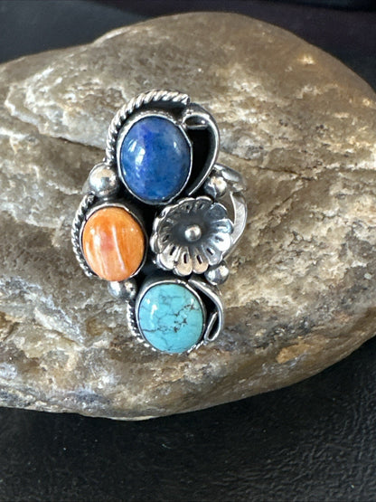 Multicolor Ring Turquoise Spiny Navajo Sterling Silver Cluster Size 8 19186