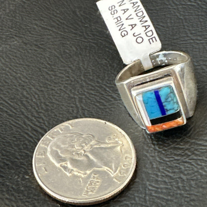 MultiColor Navajo Sterling Turquoise Spiny Oyster Inlay Ring Sz 7.5 18711
