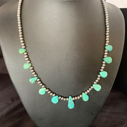 Navajo Pearls Necklace Sterling Silver Blue Turquoise Teardrop 13158