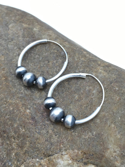 Native American Indian Hoop Sterling Silver Beads Earrings 3108