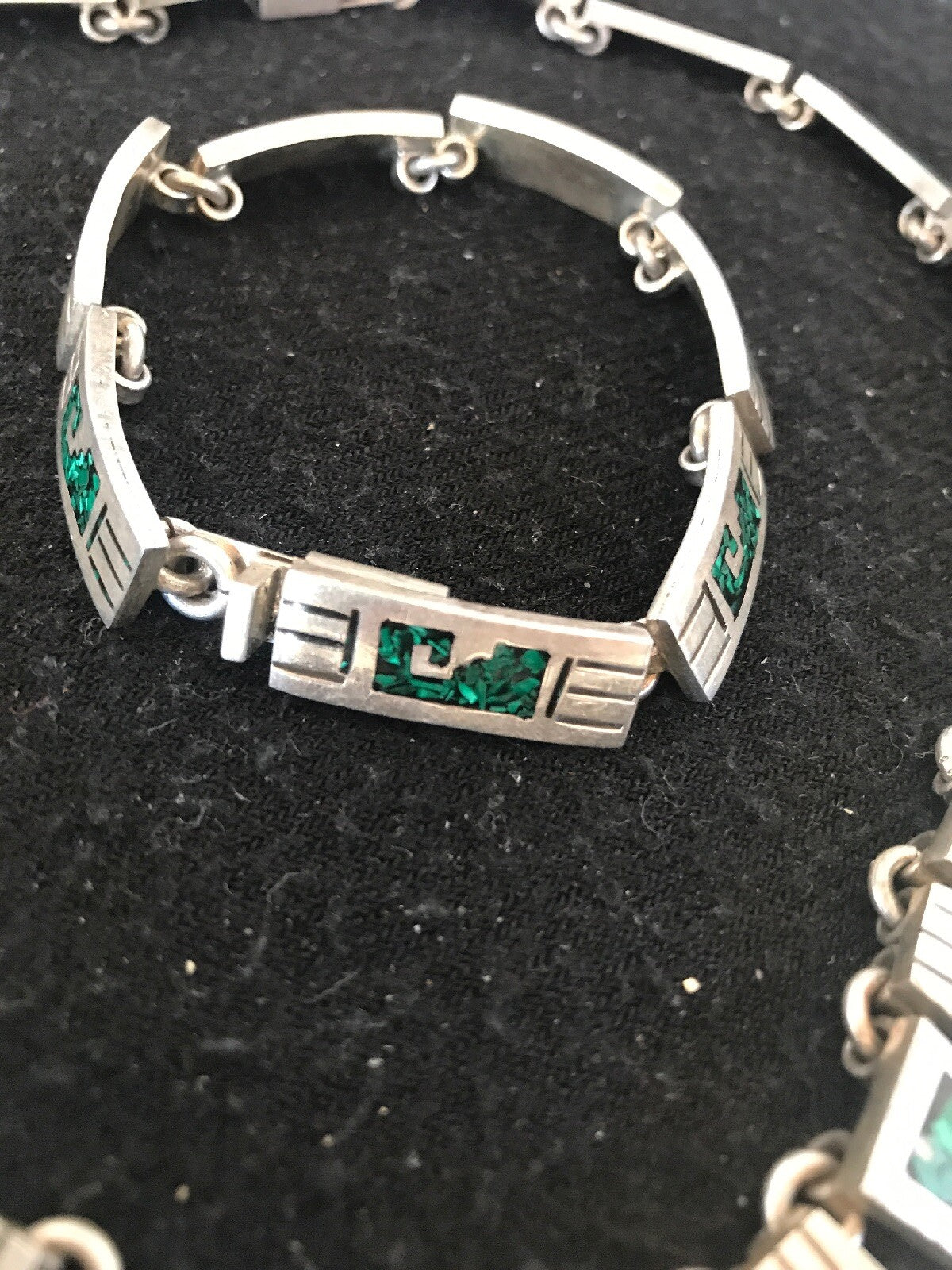 Taxco Turquoise Chip Inlay Sterling Silver Choker Old Pawn Bracelet 7” 19795