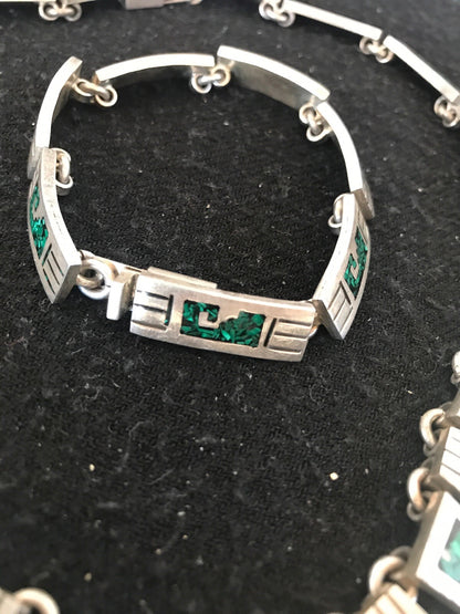 Taxco Turquoise Chip Inlay Sterling Silver Choker Old Pawn Bracelet 7” 19795