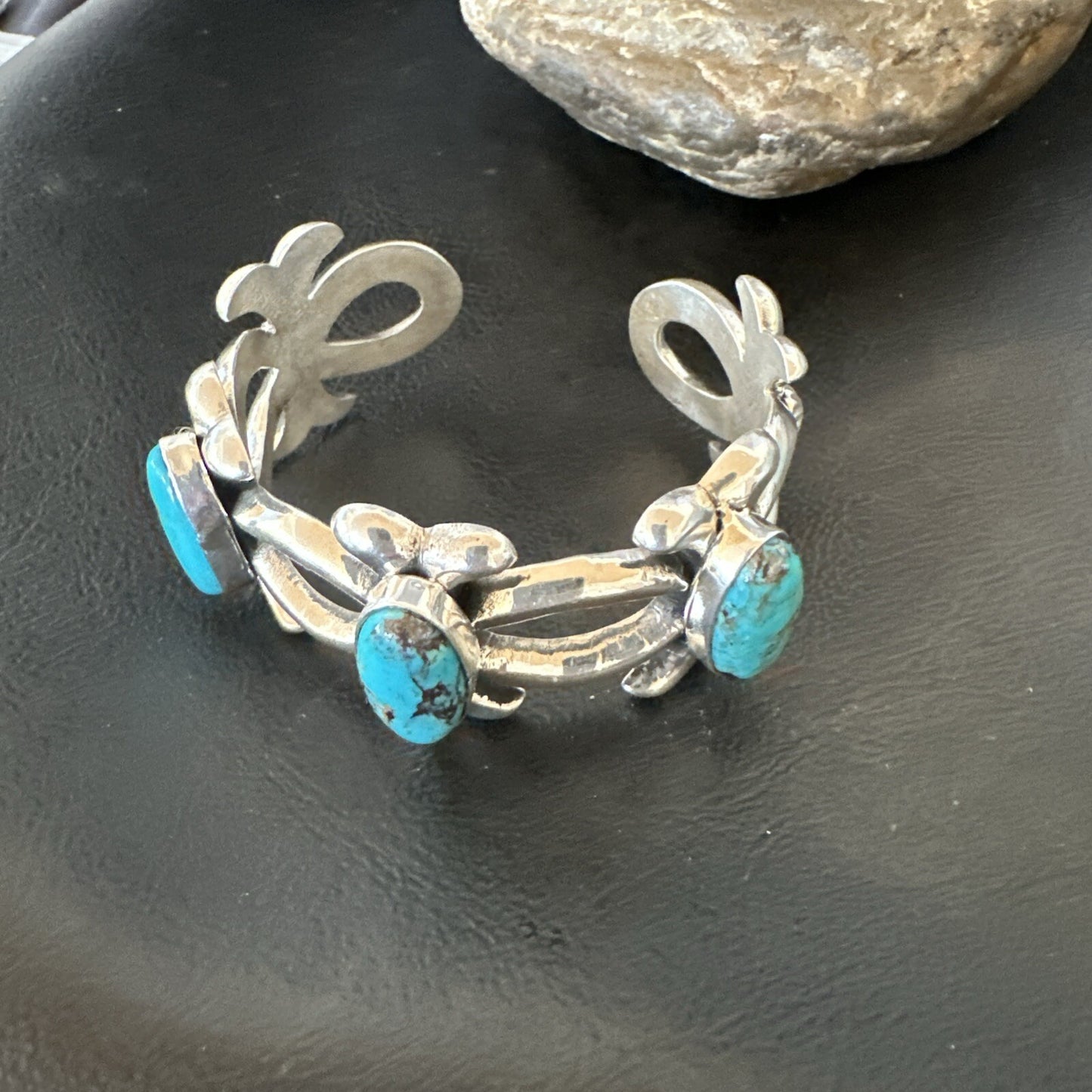Tufa Cast Blue Turquoise 3 Stone Navajo Sterling Silver Cuff Bracelet 18572