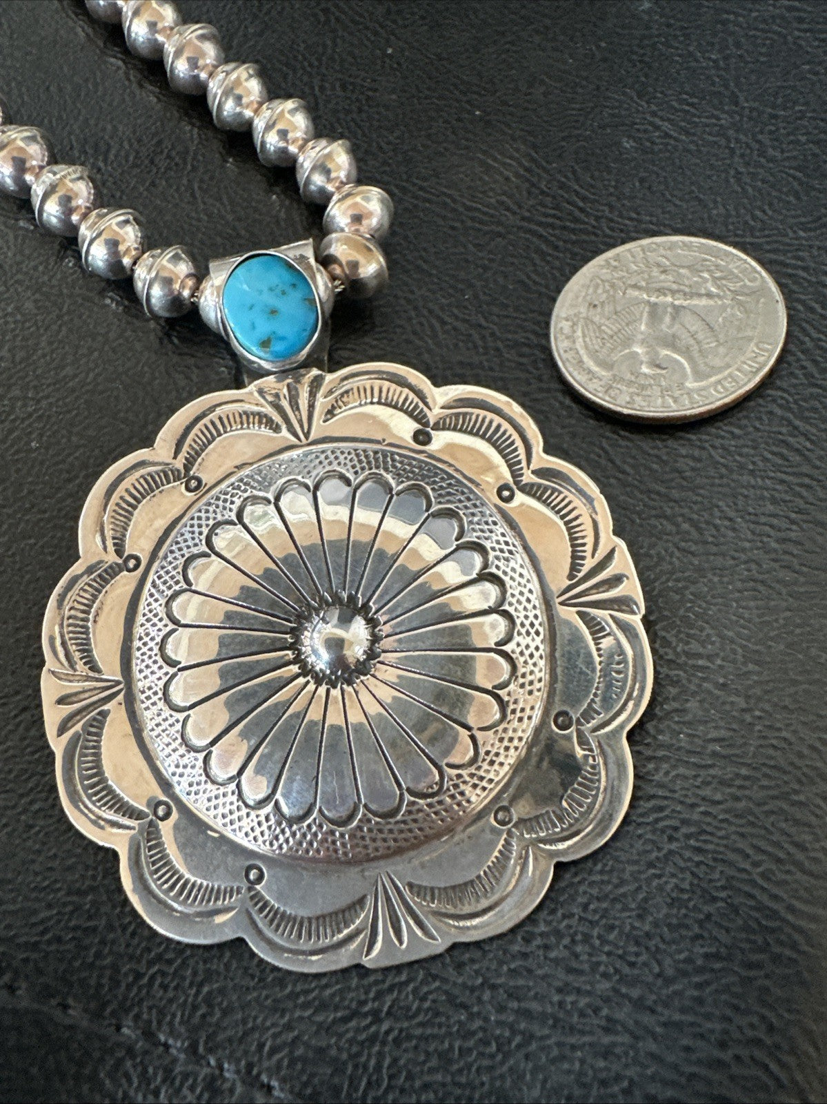 H Joe Navajo Sterling Silver Pendant Blue Kingman Turquoise Necklace 25”19443