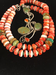 Green Turquoise, Spiny Oyster Pendant Beads Necklace | Sterling Silver | Authentic Native American Handmade | 8486
