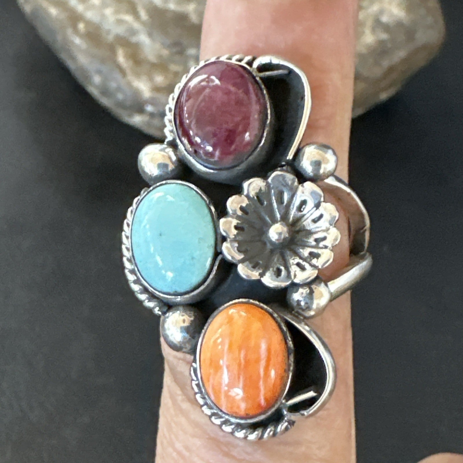 Multicolor Ring Turquoise Spiny Navajo Sterling Silver Cluster Size 8.5 19166